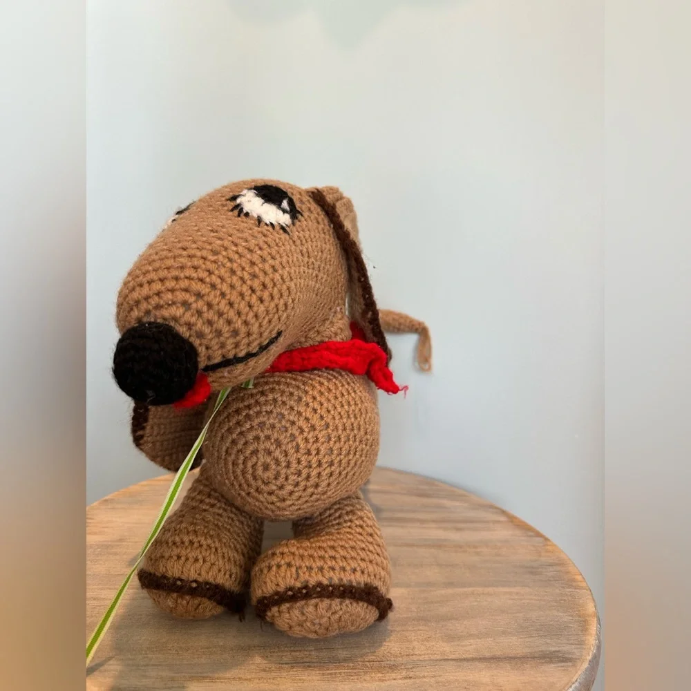 Handmade dachshund Holiday brown and black weenie dog with red collar crochet